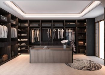 modern walk in closet with black wooden shelves